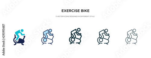 exercise bike icon in different style vector illustration. two colored and black exercise bike vector icons designed in filled, outline, line and stroke style can be used for web, mobile, ui