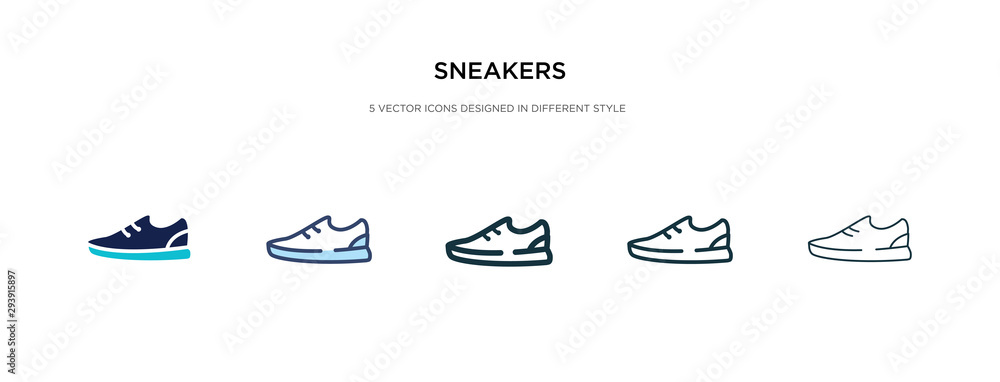 sneakers icon in different style vector illustration. two colored and black sneakers vector icons designed in filled, outline, line and stroke style can be used for web, mobile, ui - obrazy, fototapety, plakaty 