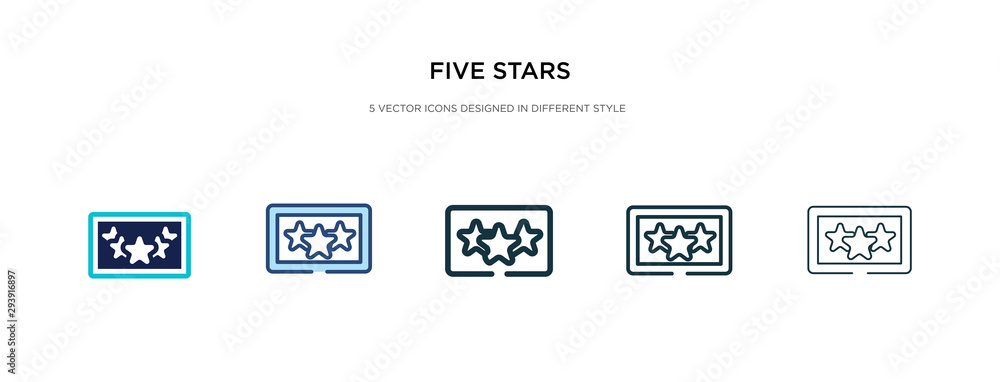 five stars icon in different style vector illustration. two colored and black five stars vector icons designed in filled, outline, line and stroke style can be used for web, mobile, ui five stars icon in different style vector illustration. two colored and black five stars vector icons designed in filled, outline, line and stroke style can be used for web, mobile, ui