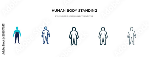 human body standing black icon in different style vector illustration. two colored and black human body standing black vector icons designed in filled, outline, line and stroke style can be used for
