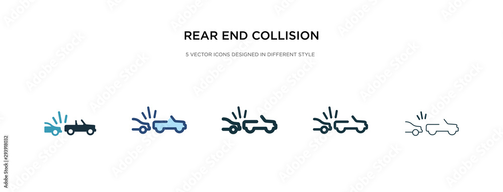 rear end collision icon in different style vector illustration. two colored and black rear end collision vector icons designed in filled, outline, line and stroke style can be used for web, mobile, rear end collision icon in different style vector illustration. two colored and black rear end collision vector icons designed in filled, outline, line and stroke style can be used for web, mobile,