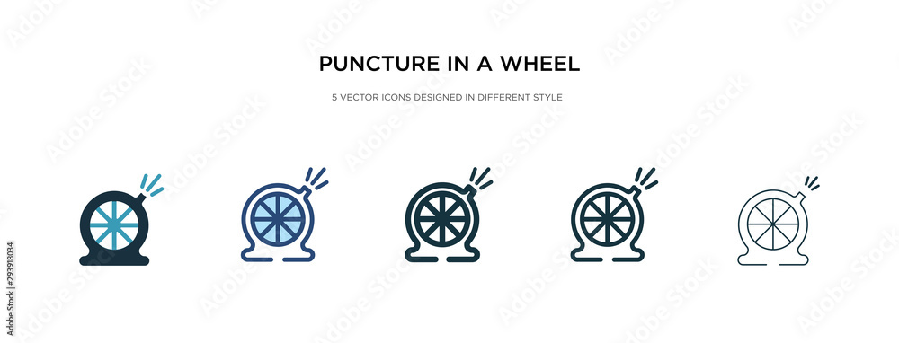 puncture in a wheel icon in different style vector illustration. two colored and black puncture in a wheel vector icons designed filled, outline, line and stroke style can be used for web, mobile,
