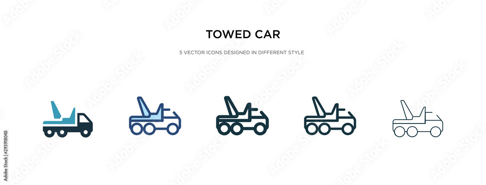 towed car icon in different style vector illustration. two colored and black towed car vector icons designed in filled, outline, line and stroke style can be used for web, mobile, ui towed car icon in different style vector illustration. two colored and black towed car vector icons designed in filled, outline, line and stroke style can be used for web, mobile, ui