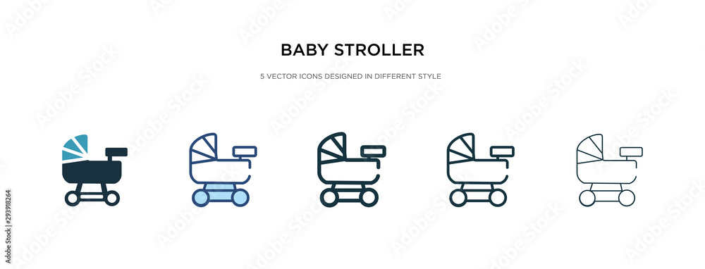 baby stroller icon in different style vector illustration. two colored and black baby stroller vector icons designed in filled, outline, line and stroke style can be used for web, mobile, ui