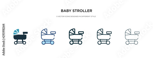 baby stroller icon in different style vector illustration. two colored and black baby stroller vector icons designed in filled, outline, line and stroke style can be used for web, mobile, ui