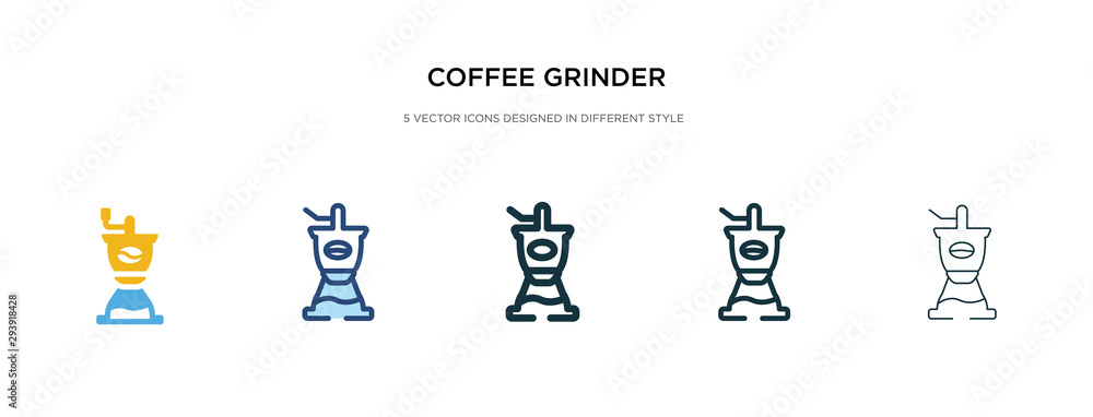 coffee grinder icon in different style vector illustration. two colored and black coffee grinder vector icons designed in filled, outline, line and stroke style can be used for web, mobile, ui coffee grinder icon in different style vector illustration. two colored and black coffee grinder vector icons designed in filled, outline, line and stroke style can be used for web, mobile, ui