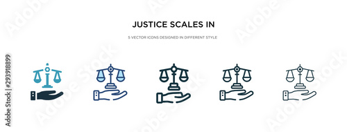 justice scales in hand icon in different style vector illustration. two colored and black justice scales in hand vector icons designed filled, outline, line and stroke style can be used for web,