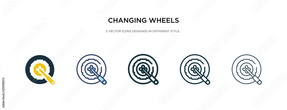 changing wheels tool icon in different style vector illustration. two colored and black changing wheels tool vector icons designed in filled, outline, line and stroke style can be used for web,