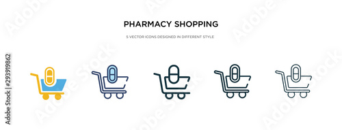 pharmacy shopping cart icon in different style vector illustration. two colored and black pharmacy shopping cart vector icons designed in filled, outline, line and stroke style can be used for web, © zaurrahimov