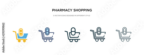 pharmacy shopping cart icon in different style vector illustration. two colored and black pharmacy shopping cart vector icons designed in filled, outline, line and stroke style can be used for web,