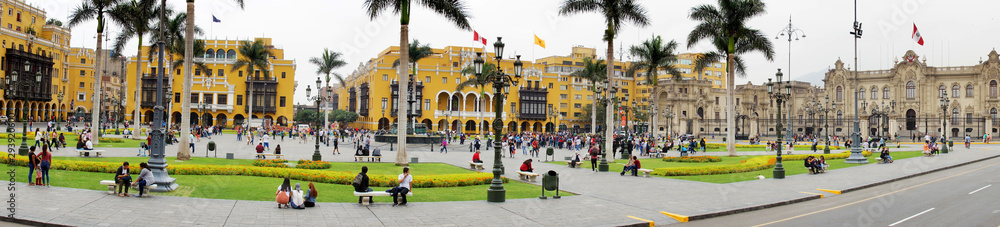 Architecture around Plaza Mayor and Government Palace in downtown Lima, Peru.