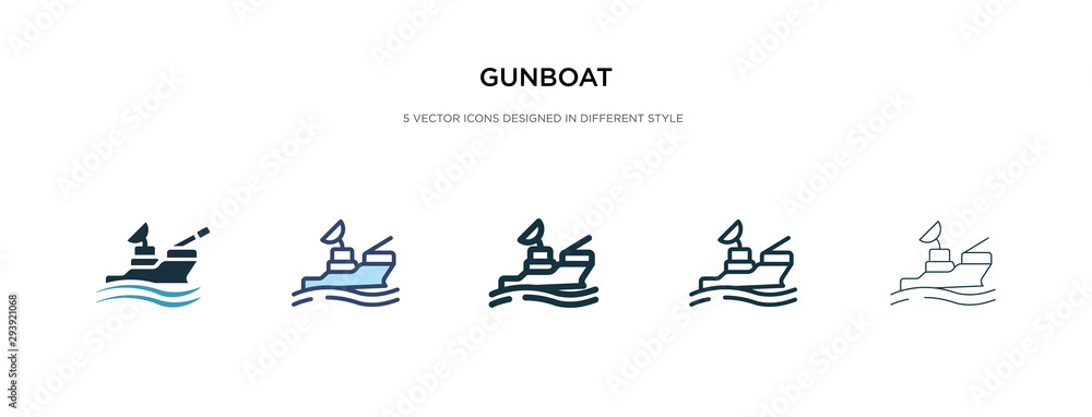 gunboat icon in different style vector illustration. two colored and black gunboat vector icons designed in filled, outline, line and stroke style can be used for web, mobile, ui