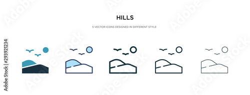 hills icon in different style vector illustration. two colored and black hills vector icons designed in filled, outline, line and stroke style can be used for web, mobile, ui