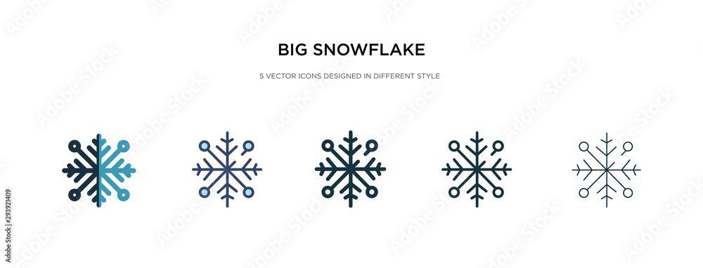 big snowflake icon in different style vector illustration. two colored and black big snowflake vector icons designed in filled, outline, line and stroke style can be used for web, mobile, ui big snowflake icon in different style vector illustration. two colored and black big snowflake vector icons designed in filled, outline, line and stroke style can be used for web, mobile, ui
