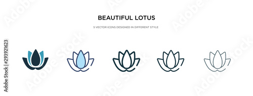 beautiful lotus flower icon in different style vector illustration. two colored and black beautiful lotus flower vector icons designed in filled, outline, line and stroke style can be used for web,