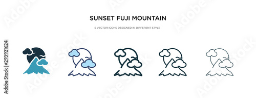 sunset fuji mountain icon in different style vector illustration. two colored and black sunset fuji mountain vector icons designed in filled  outline  line and stroke style can be used for web 