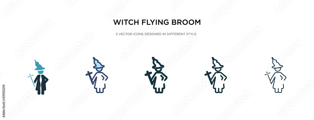 witch flying broom icon in different style vector illustration. two colored and black witch flying broom vector icons designed in filled, outline, line and stroke style can be used for web, mobile,