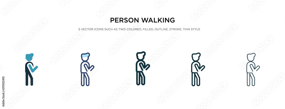 person walking icon in different style vector illustration. two colored and black person walking vector icons designed in filled, outline, line and stroke style can be used for web, mobile, ui person walking icon in different style vector illustration. two colored and black person walking vector icons designed in filled, outline, line and stroke style can be used for web, mobile, ui