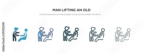 man lifting an old man icon in different style vector illustration. two colored and black man lifting an old vector icons designed in filled  outline  line and stroke style can be used for web 