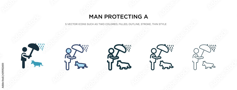 man protecting a dog with an umbrella icon in different style vector illustration. two colored and black man protecting a dog with an umbrella vector icons designed in filled, outline, line and man protecting a dog with an umbrella icon in different style vector illustration. two colored and black man protecting a dog with an umbrella vector icons designed in filled, outline, line and
