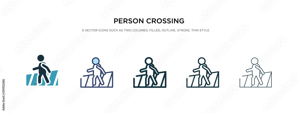 person crossing street on crosswalk icon in different style vector illustration. two colored and black person crossing street on crosswalk vector icons designed in filled, outline, line and stroke