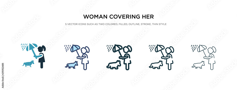 Plakat kobieta zakrywając swojego zwierzaka z ikoną parasola w innym stylu wektor ilustracji. dwie kolorowe i czarne kobiety zakrywające swojego zwierzaka parasolem wektorowe ikony zaprojektowane w wypełnionych, konturach, liniach i