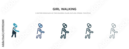 girl walking icon in different style vector illustration. two colored and black girl walking vector icons designed in filled, outline, line and stroke style can be used for web, mobile, ui