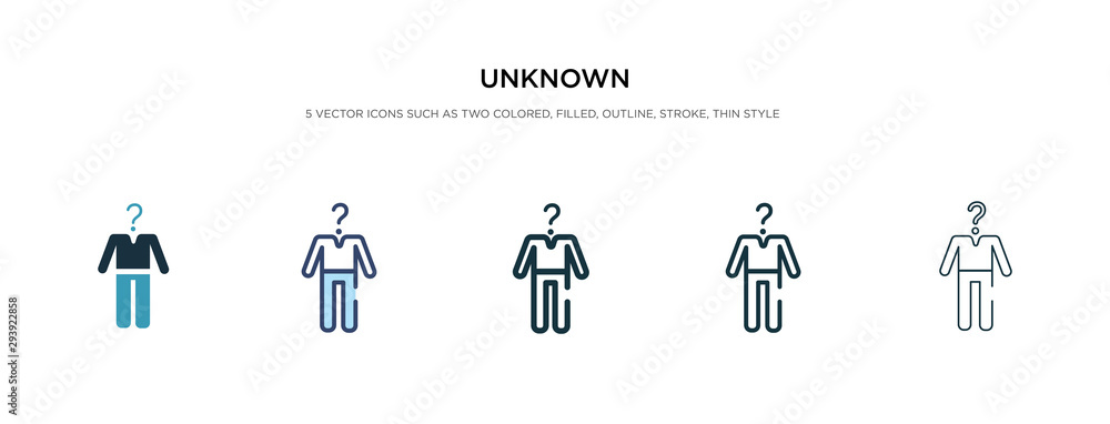 unknown icon in different style vector illustration. two colored and black unknown vector icons designed in filled, outline, line and stroke style can be used for web, mobile, ui unknown icon in different style vector illustration. two colored and black unknown vector icons designed in filled, outline, line and stroke style can be used for web, mobile, ui
