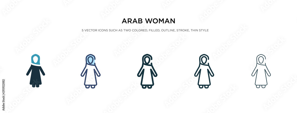 arab woman icon in different style vector illustration. two colored and black arab woman vector icons designed in filled, outline, line and stroke style can be used for web, mobile, ui arab woman icon in different style vector illustration. two colored and black arab woman vector icons designed in filled, outline, line and stroke style can be used for web, mobile, ui