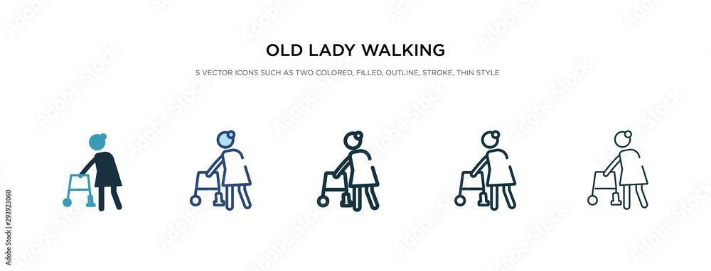 old lady walking icon in different style vector illustration. two colored and black old lady walking vector icons designed in filled, outline, line and stroke style can be used for web, mobile, ui old lady walking icon in different style vector illustration. two colored and black old lady walking vector icons designed in filled, outline, line and stroke style can be used for web, mobile, ui