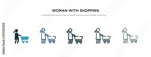 woman with shopping cart icon in different style vector illustration. two colored and black woman with shopping cart vector icons designed in filled, outline, line and stroke style can be used for