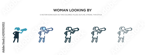 woman looking by a spyglass icon in different style vector illustration. two colored and black woman looking by a spyglass vector icons designed in filled  outline  line and stroke style can be used