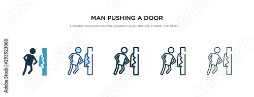 man pushing a door with his body icon in different style vector illustration. two colored and black man pushing a door with his body vector icons designed in filled, outline, line and stroke style
