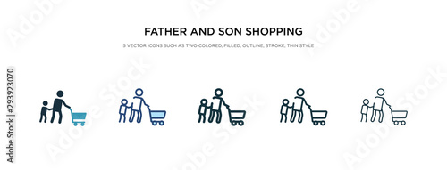 father and son shopping icon in different style vector illustration. two colored and black father and son shopping vector icons designed in filled, outline, line stroke style can be used for web,