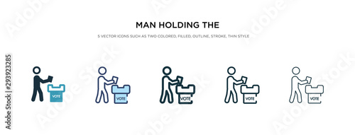 man holding the vote paper on the box icon in different style vector illustration. two colored and black man holding the vote paper on box vector icons designed in filled, outline, line and stroke