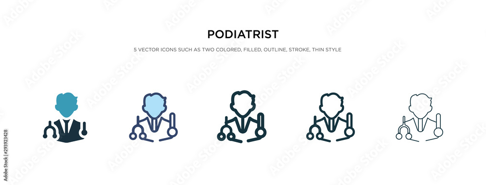podiatrist icon in different style vector illustration. two colored and black podiatrist vector icons designed in filled, outline, line and stroke style can be used for web, mobile, ui podiatrist icon in different style vector illustration. two colored and black podiatrist vector icons designed in filled, outline, line and stroke style can be used for web, mobile, ui