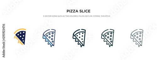 pizza slice icon in different style vector illustration. two colored and black pizza slice vector icons designed in filled, outline, line and stroke style can be used for web, mobile, ui