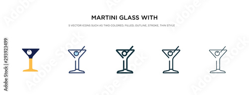 martini glass with olive icon in different style vector illustration. two colored and black martini glass with olive vector icons designed in filled, outline, line and stroke style can be used for