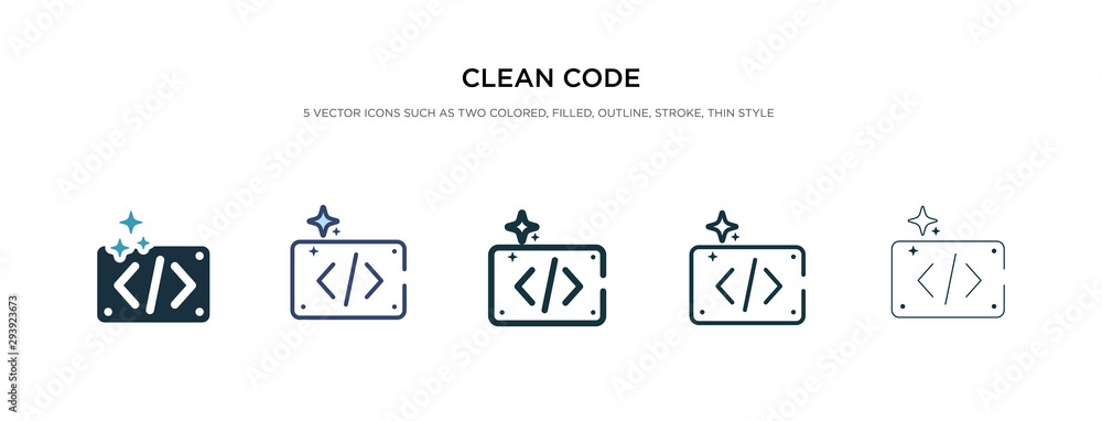 clean code icon in different style vector illustration. two colored and black clean code vector icons designed in filled, outline, line and stroke style can be used for web, mobile, ui clean code icon in different style vector illustration. two colored and black clean code vector icons designed in filled, outline, line and stroke style can be used for web, mobile, ui