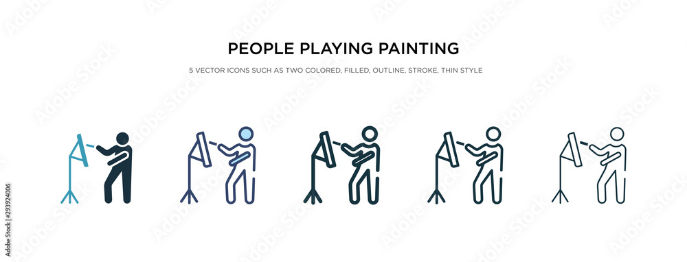 people playing painting icon in different style vector illustration. two colored and black people playing painting vector icons designed in filled, outline, line and stroke style can be used for