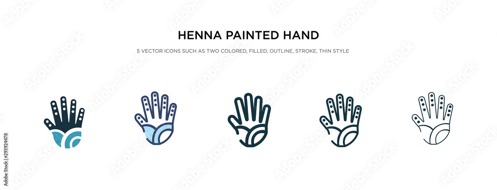Fototapeta premium henna painted hand icon in different style vector illustration. two colored and black henna painted hand vector icons designed in filled, outline, line and stroke style can be used for web, mobile,