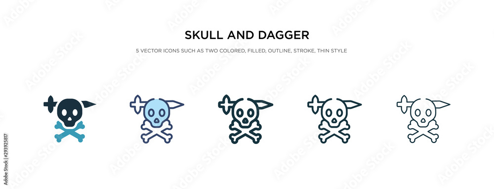 skull and dagger icon in different style vector illustration. two colored and black skull and dagger vector icons designed in filled, outline, line stroke style can be used for web, mobile, ui