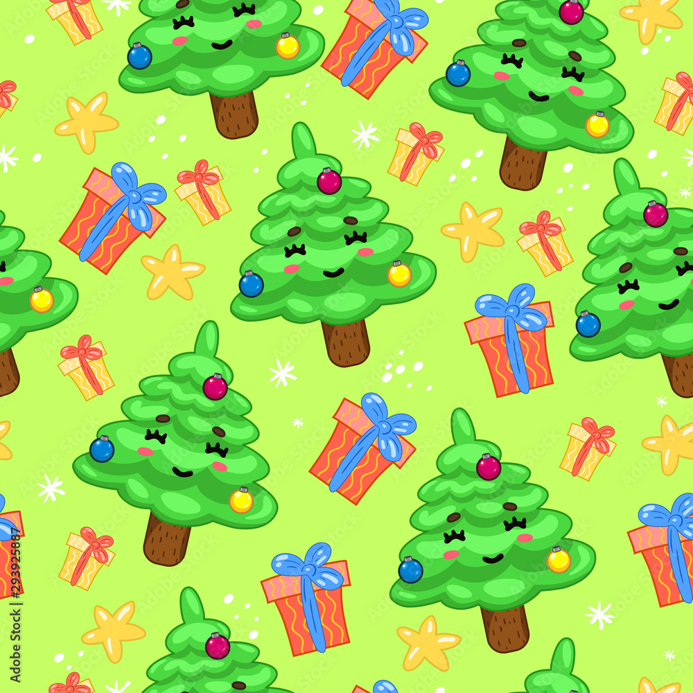 Seamless pattern with kawaii christmas trees. eps 10