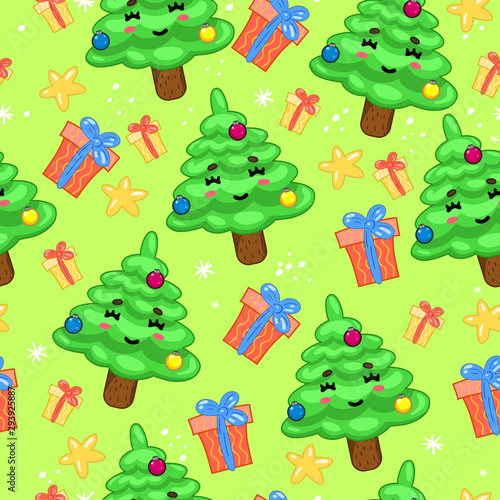 Seamless pattern with kawaii christmas trees. eps 10