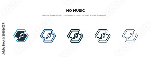 no music icon in different style vector illustration. two colored and black no music vector icons designed in filled, outline, line and stroke style can be used for web, mobile, ui