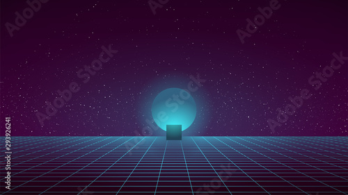 Synthwave background. Retro Futuristic backdrop with perspective grid. Blue sphere with glow around in center. 80s style illustration with horizon line and stars in the sky. Virtual scene