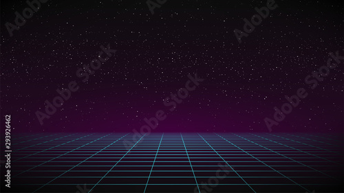Synthwave background. Dark Retro futuristic backdrop with blue perspective grid. Purple glow in distance. Geometric template. 80s Retrowave style illustration with stars
