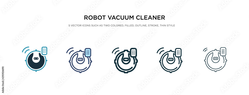 robot vacuum cleaner icon in different style vector illustration. two colored and black robot vacuum cleaner vector icons designed in filled, outline, line and stroke style can be used for web,