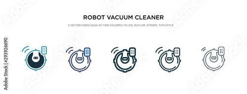 robot vacuum cleaner icon in different style vector illustration. two colored and black robot vacuum cleaner vector icons designed in filled, outline, line and stroke style can be used for web,