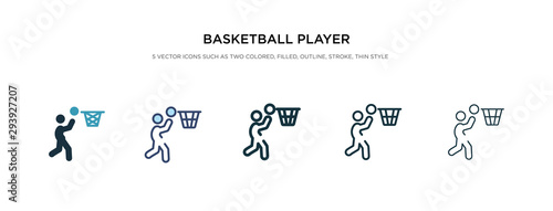 basketball player scoring icon in different style vector illustration. two colored and black basketball player scoring vector icons designed in filled, outline, line and stroke style can be used for